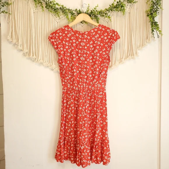 J.CREW Red Dainty Floral Faux Wrap Short Sleeve V Neck Ruffle Mini Dress sz 00 - Picture 6 of 9